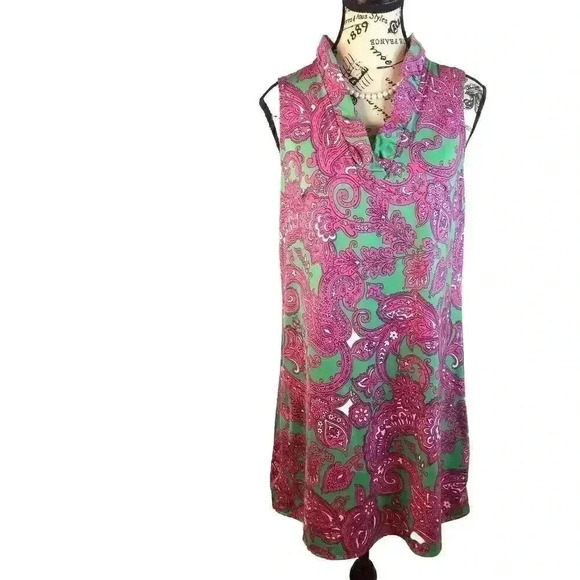 Crown & Ivy Size Small Pink And Green Paisley Sheath Dress Stretch V-Neck - Picture 1 of 5